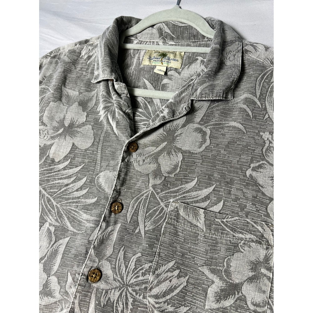 Island Shores Mens Large Washable Silk Grey Floral Hibiscus Aloha Camp Shirt